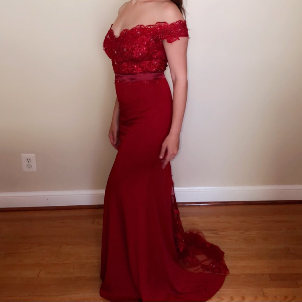 Red Sequin Button-Down Dress with Lace Train